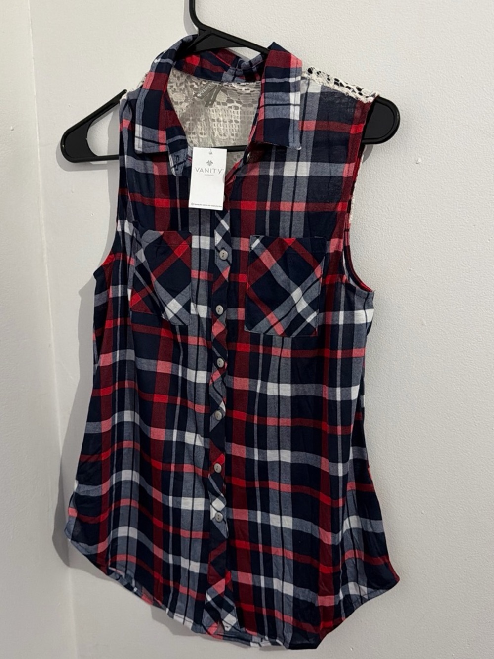 Vanity Plaid Sleeveless Button-Up Tank Top - Navy, Red & White
